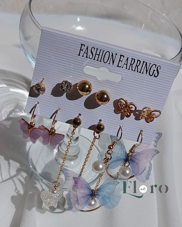 تصویر پک گوشواره دخترانه 9 جفتی پروانه