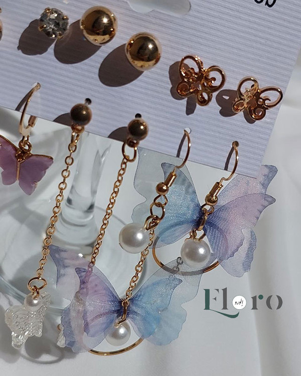 تصویر پک گوشواره دخترانه 9 جفتی پروانه