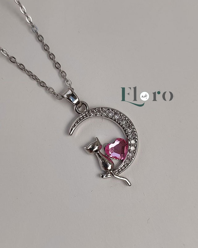 تصویر گردنبند دخترانه سوارسکی ماه و گربه