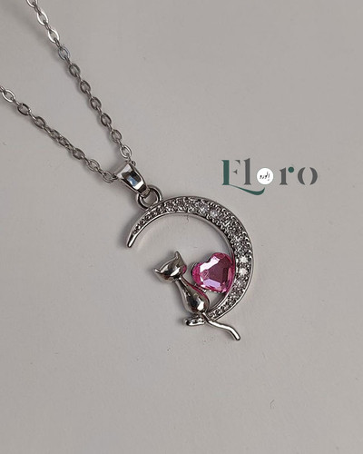 تصویر گردنبند دخترانه سوارسکی ماه و گربه