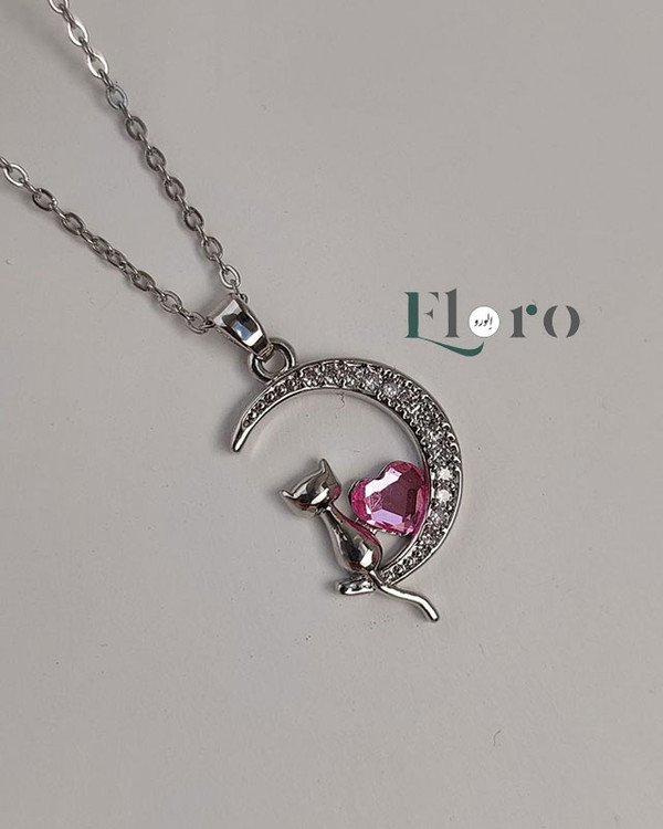 تصویر گردنبند دخترانه سوارسکی ماه و گربه