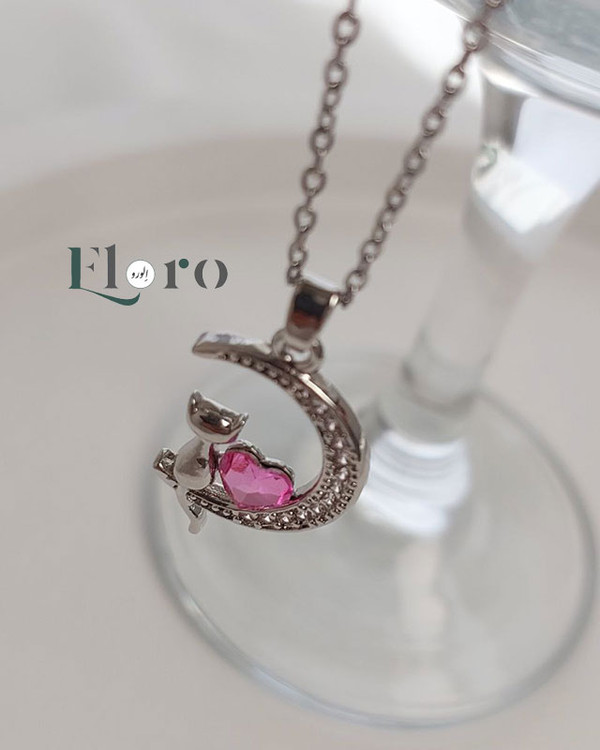 تصویر گردنبند دخترانه سوارسکی ماه و گربه